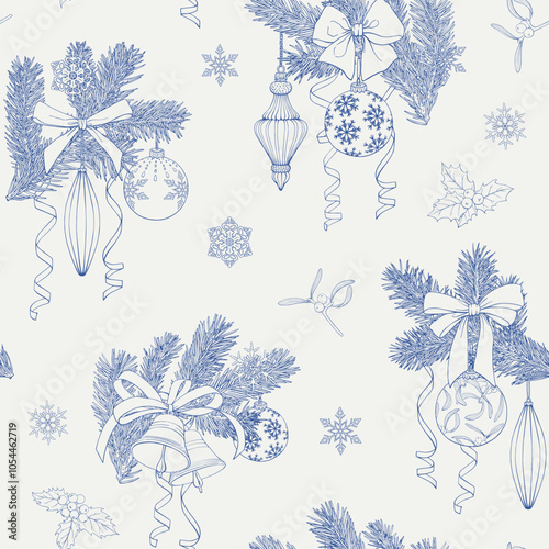 Christmas Vintage seamless pattern with fir branches toys bows bells mistletoe holly snowflakes ribbons. Blue beige Hand drawn linear vector background for design holidays package paper new year decor