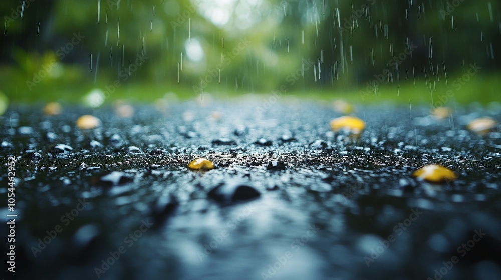 Fototapeta premium Rain droplets collect on a dark surface reflecting soft lights in a tranquil outdoor setting