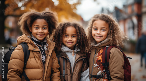 Happy friends students are going to school, concept of education