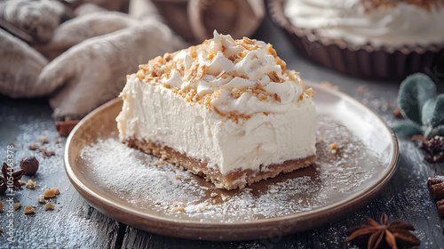 Ricotta tart finished with glaze topping and cinnamon. National Dessert Month celebration and beloved dessert flavors