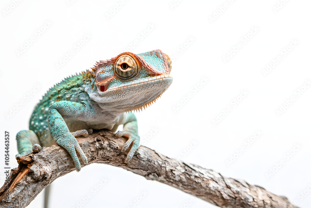 Fototapeta premium chameleon on a branch over white background