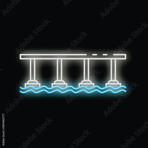 Neon style icon of bridge over water with waves at night, glowing bright white and blue, on black background