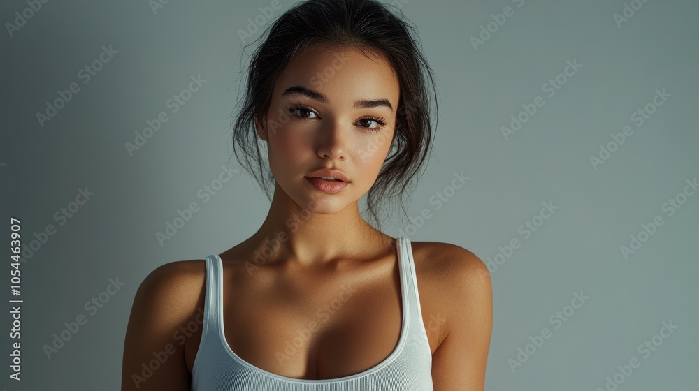 Beautiful woman in white T-shirt Female breast dark background Beautiful woman in white T-shirt Female breast dark background