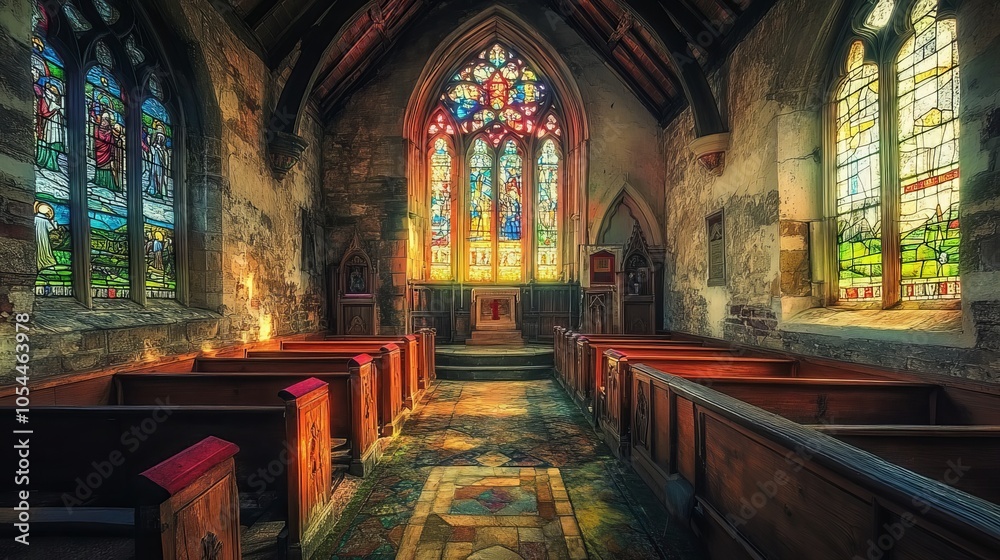 Obraz premium Vibrant stained glass windows adorn the walls of the historic Martin All Saints Church, nestled in the picturesque town of Rockbourne in Wiltshire, England.