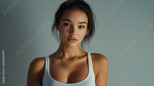 Beautiful woman in white T-shirt Female breast dark background