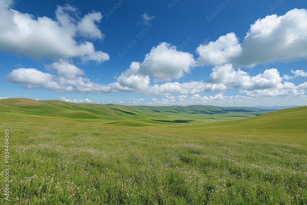 Vibrant green hills under a blue sky with fluffy clouds in a picturesque landscape during daytime Vibrant green hills under a blue sky with fluffy clouds in a picturesque landscape during daytime