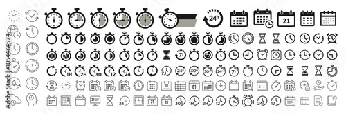 Time, Clock and Calendar thin line icons set