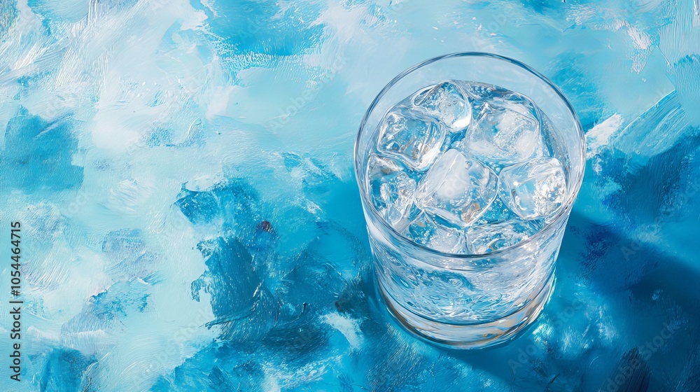 Water in a glass with ice on a blue background. It's refreshing and healthy, especially on hot days. Water in a glass with ice on a blue background. It's refreshing and healthy, especially on hot days.