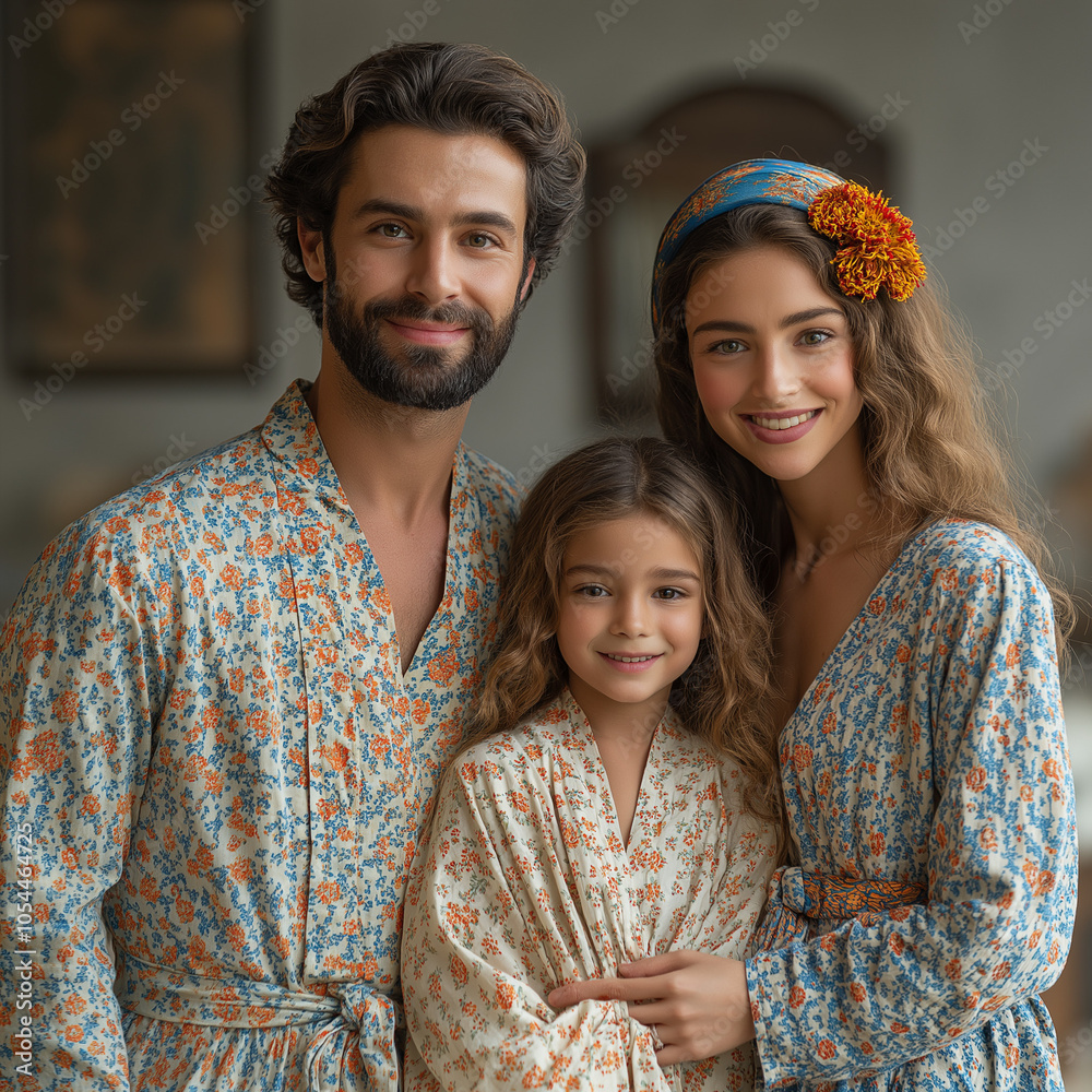 Family Wearing Matching Floral Loungewear in Soft Natural Light Family Wearing Matching Floral Loungewear in Soft Natural Light