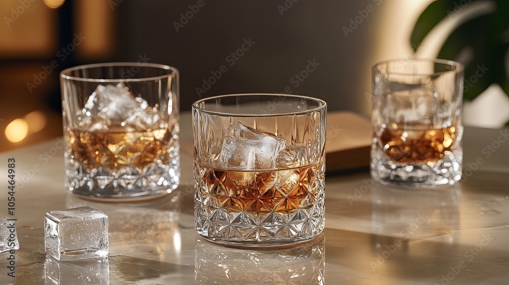 Whiskey glass with ice on a tabletop Whiskey glass with ice on a tabletop