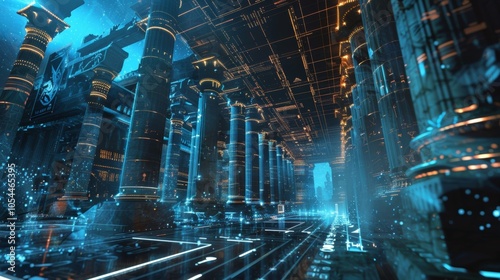 Wallpaper Mural Futuristic ancient temple illuminating with glowing blue lights, digital grid forming a ceiling, creating a mesmerizing blend of past and future technologies Torontodigital.ca