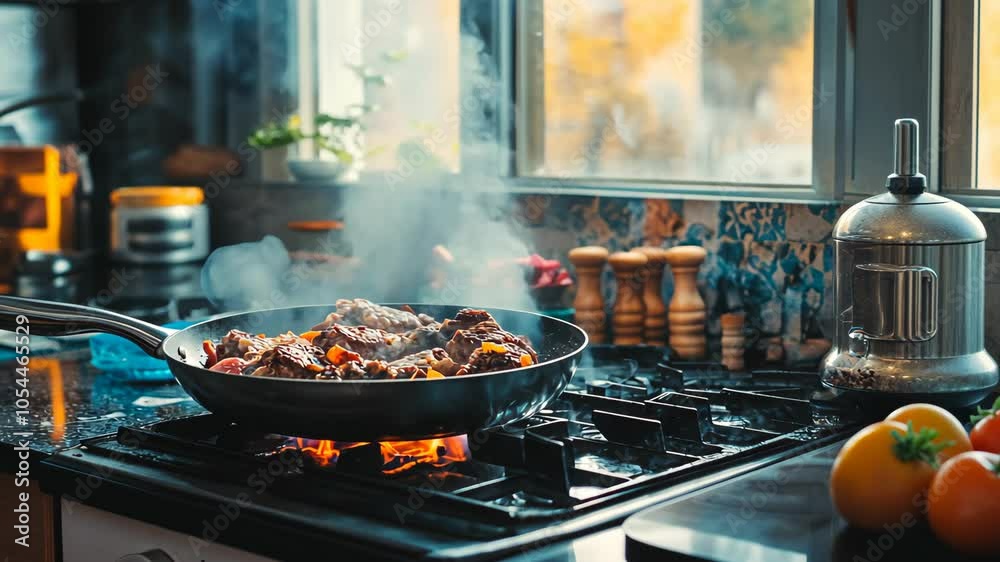 A pan of food sizzles on the stove, releasing steam into the kitchen