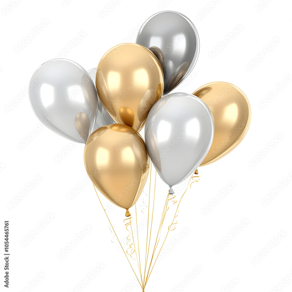 a bunch of gold, silver and white balloons on ribbons. festive balls on a transparent background. design element. festive atmosphere a bunch of gold, silver and white balloons on ribbons. festive balls on a transparent background. design element. festive atmosphere