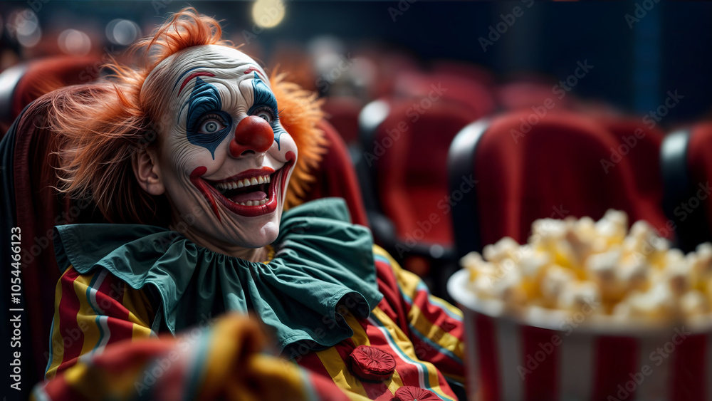 Portrait of a creepy scary clown in a movie theater with a popcorn bucket while watching a horror movie Portrait of a creepy scary clown in a movie theater with a popcorn bucket while watching a horror movie