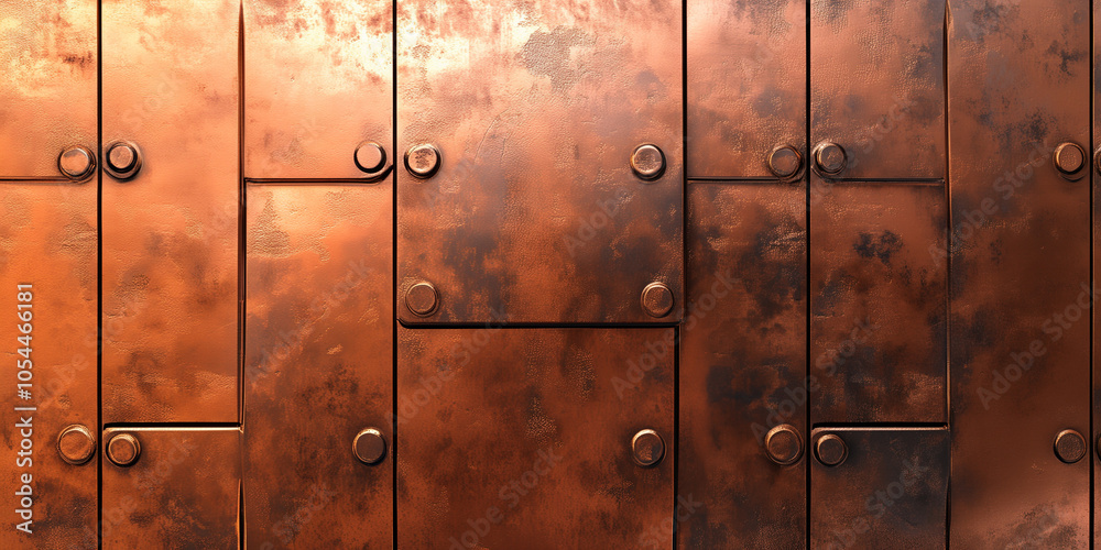 Fototapeta premium A close up of a rusty metal door with rivets and bolts, rustic and aged look. Minimalist wallpaper background in bronze copper color.