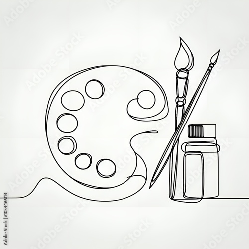 Minimalist sketch of paint palette with brushes