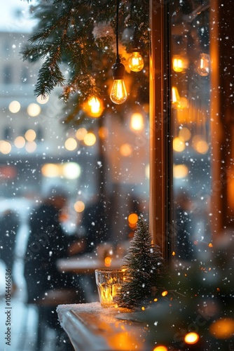 Cozy winter cafe window with snowflakes and warm lights.