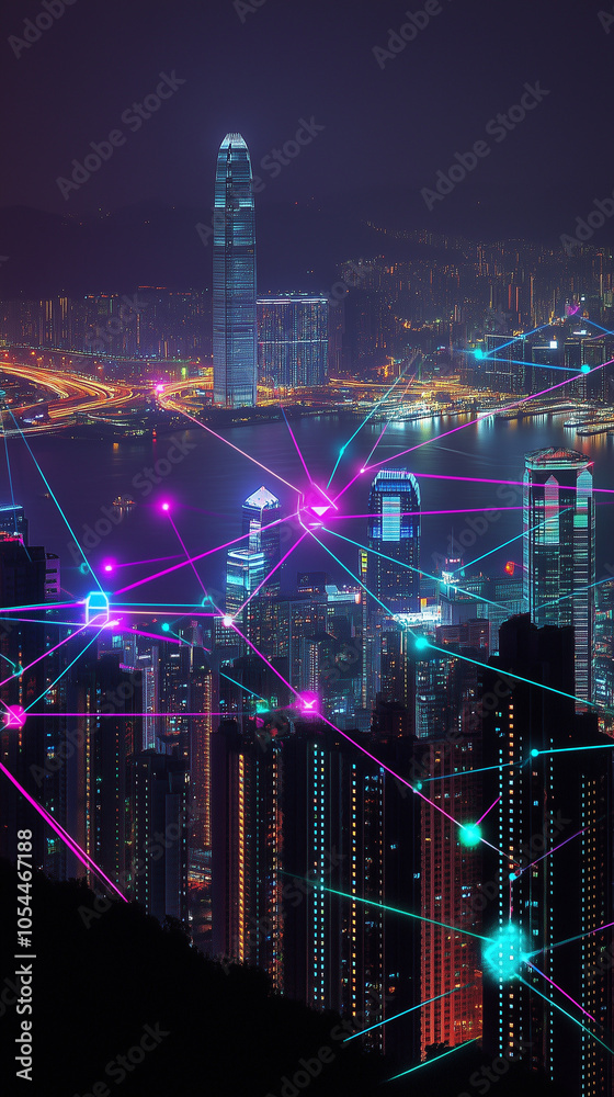 Obraz premium Futuristic city with glowing digital network connections at night