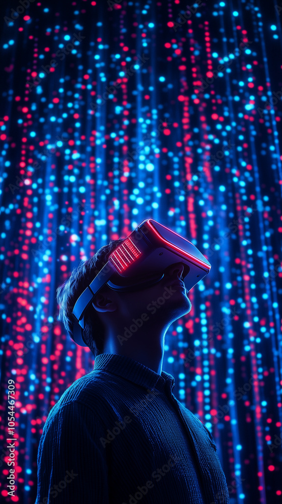 Obraz premium Person in VR headset experiencing digital world with neon lights