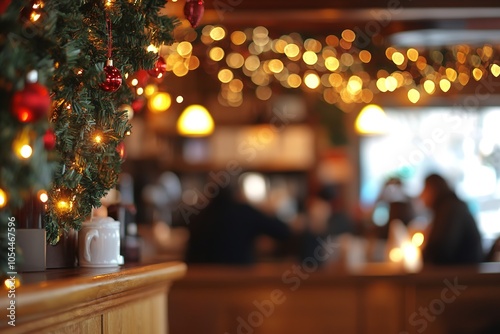 Warm holiday cafe atmosphere with festive lights and decor