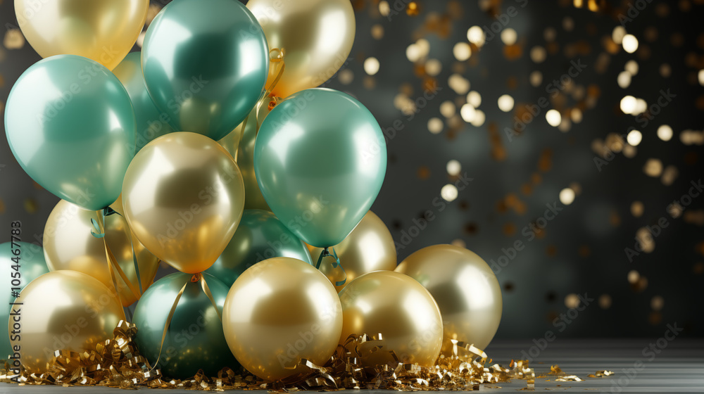 A lot of colored balloons, gifts and confetti, concept of a party A lot of colored balloons, gifts and confetti, concept of a party