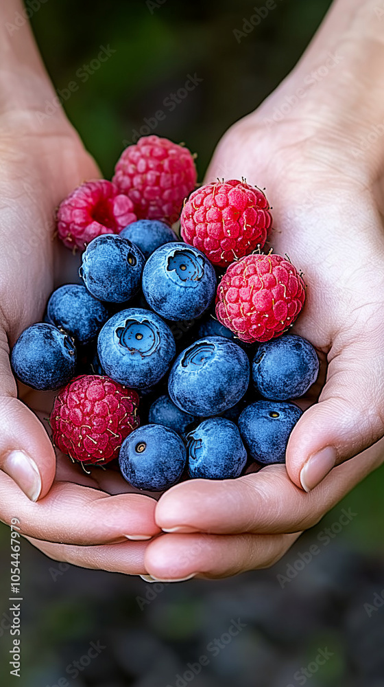 Hands holding blueberries and raspberries outdoors Hands holding blueberries and raspberries outdoors