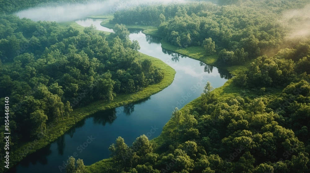 A breathtaking aerial view of a winding lake surrounded by a lush green forest. A breathtaking aerial view of a winding lake surrounded by a lush green forest.