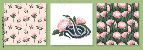 Snake with rare pink protea. Floral repeatable background with pink sugarbush blooming flowers. Set of design seamless patterns and composition for print on textile, fabric, card, flyer, banner