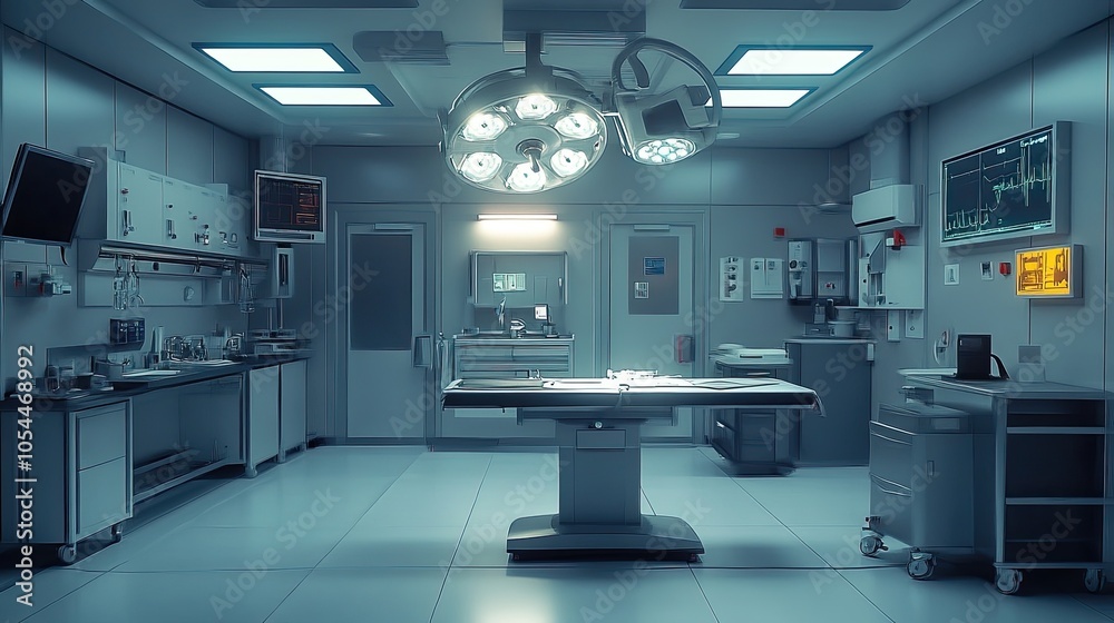 A clean and sterile operating room with modern surgical machines and neatly arranged tools. A clean and sterile operating room with modern surgical machines and neatly arranged tools.