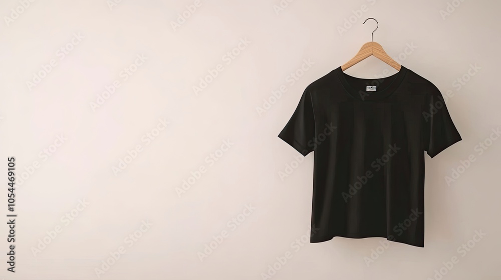 A clean black t-shirt on a sleek wooden hanger against a simple, white wall. A clean black t-shirt on a sleek wooden hanger against a simple, white wall.