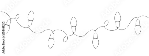 Festoon, garland with bulbs drawing with one  editable continuous line. Festive, Christmas garland in simple linear style.  Separating frame for banner. Vector illustration
