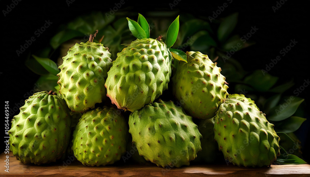 Soursop fruit, Creative background design with food theme, focus on the pile of fresh Soursop fruit Soursop fruit, Creative background design with food theme, focus on the pile of fresh Soursop fruit