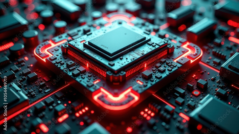 Close up of glowing red microchip with power icon on motherboard Close up of glowing red microchip with power icon on motherboard