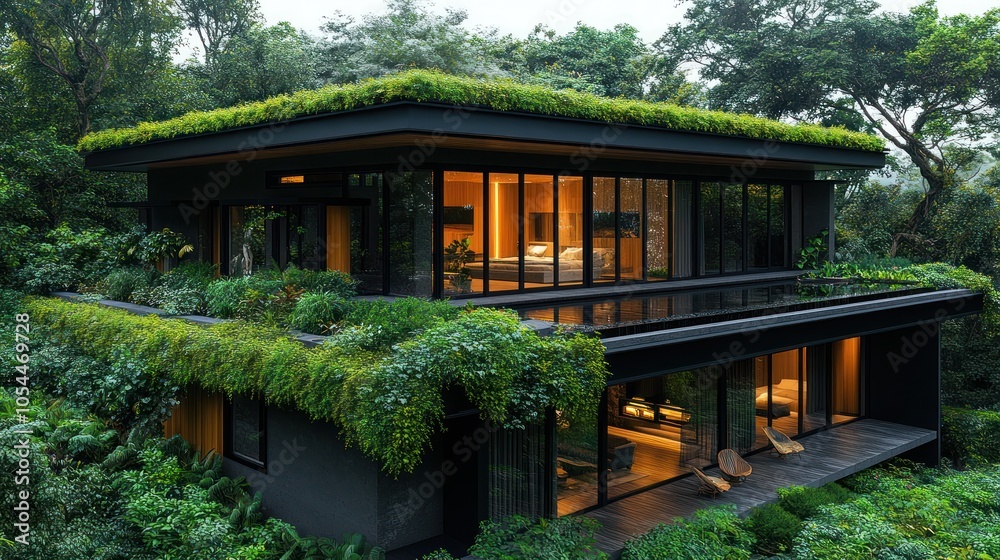 Modern house with a green roof, surrounded by trees, with large windows and a patio. Modern house with a green roof, surrounded by trees, with large windows and a patio.