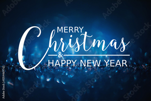 Merry Christmas Card and Happy New Year on luxury dark blue glitter background