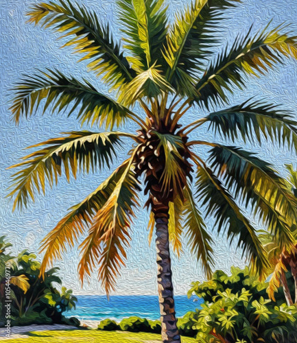 Palm tree. Oil painting. Pattern for printing on wall decorations, fabrics, for use in graphics.