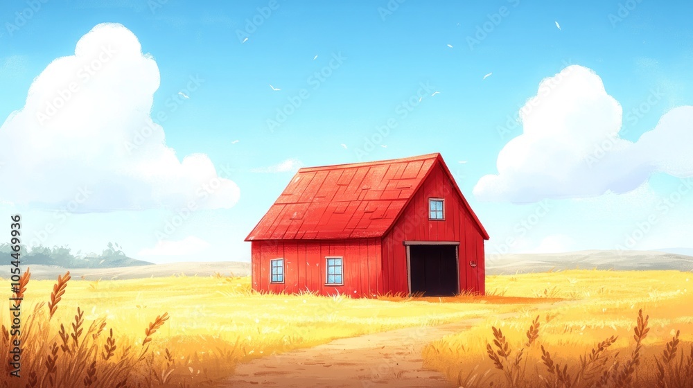 A red barn sits in a field of tall grass under a bright blue sky. A red barn sits in a field of tall grass under a bright blue sky.