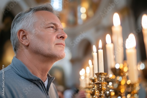 A reflective man thoughtfully gazes at candle flames in a beautiful church setting, emitting a sense of contemplation and inner peace amid the sacred ambiance. photo