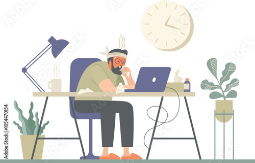 Freelancer with running nose working at home. Remote worker with flu or cold. Man sit at the desk working distantly, using paper tissue, sneezing. Isolated flat vector illustration