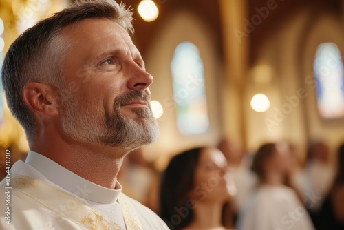 A man with an expressive grey beard, wearing a clerical collar, looks upward with a hopeful expression, amidst fellow congregants in a classic church setting. photo