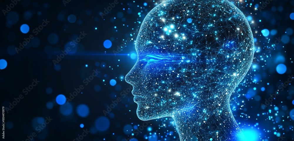 Digital Illustration of an AI Human Face in Profile, Made of Blue Glowing Data Points Against a Dark Background, Reflecting Advanced Technology and Artificial Intelligence Digital Illustration of an AI Human Face in Profile, Made of Blue Glowing Data Points Against a Dark Background, Reflecting Advanced Technology and Artificial Intelligence