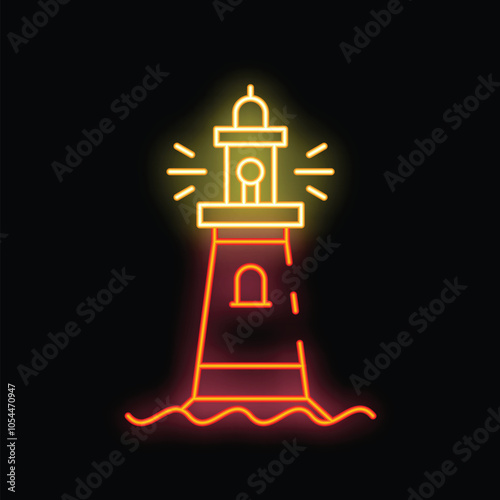 Neon style vector illustration of a lighthouse shining its light on a dark night