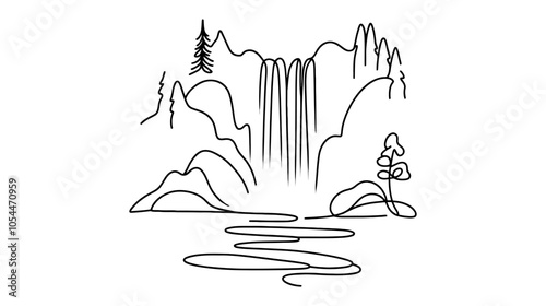 One continuous line illustration of a waterfall, isolated on white background.