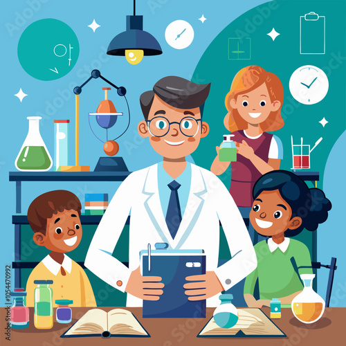 A cartoon illustration featuring a science teacher with students. The teacher is holding a clipboard, while the students are listening intently.