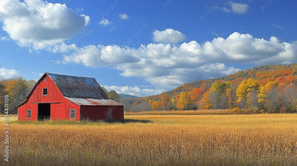 A red barn stands in a field of golden wheat with a blue sky and fall foliage in the background. A red barn stands in a field of golden wheat with a blue sky and fall foliage in the background.