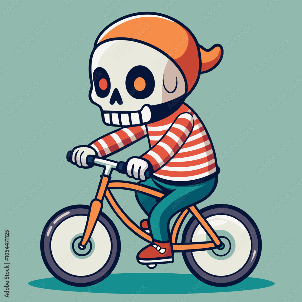 A quirky illustration of a skeleton riding a bicycle, perfect for adding a touch of humor to your designs. This whimsical character is great for kids' products, Halloween projects. A quirky illustration of a skeleton riding a bicycle, perfect for adding a touch of humor to your designs. This whimsical character is great for kids' products, Halloween projects.