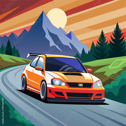 A vibrant illustration featuring a sporty car speeding through a winding mountain road against a backdrop of a dramatic sunset. This image captures the thrill of speed and the beauty of nature.