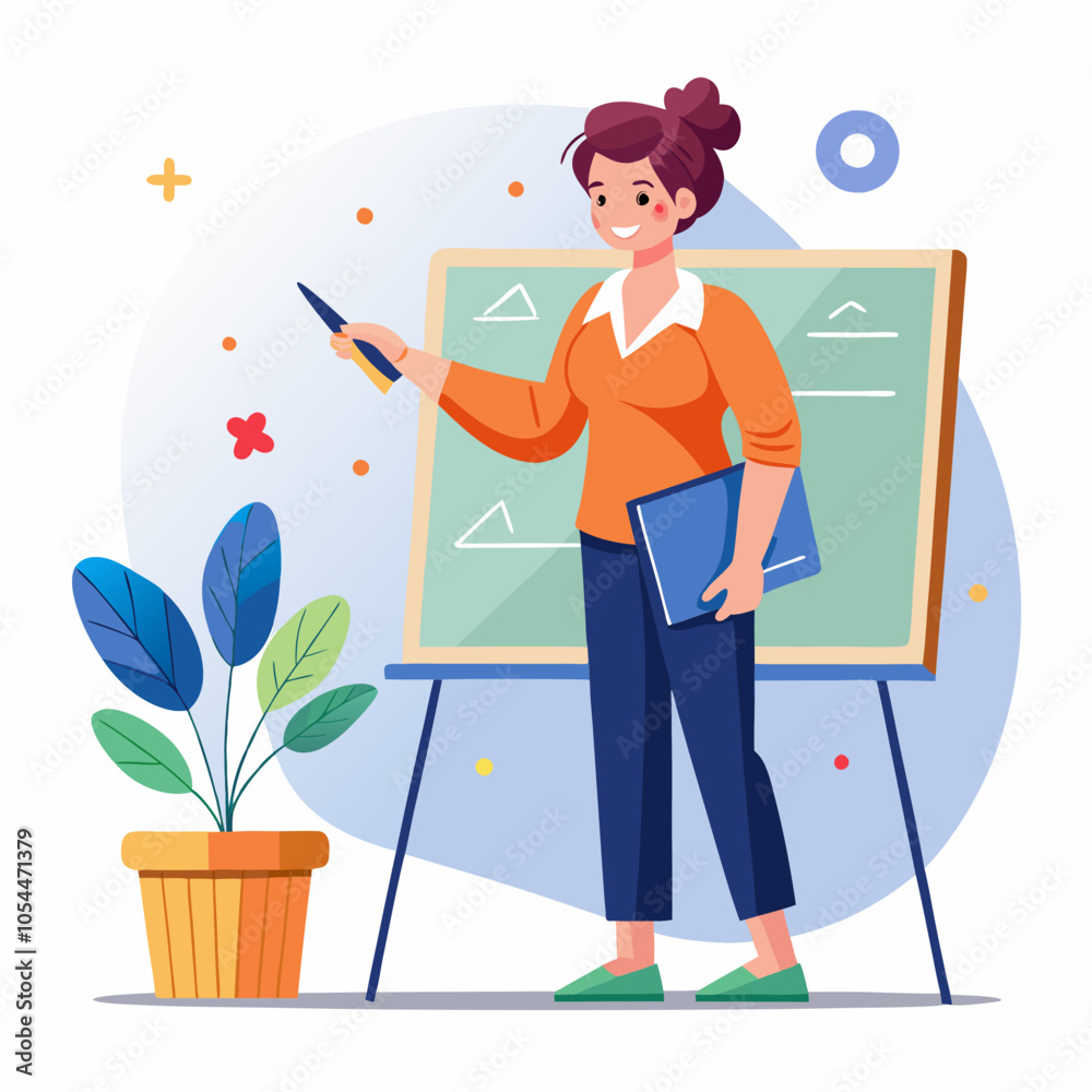 Fototapeta premium A cheerful female teacher standing in front of a whiteboard, pointing at a diagram and explaining a concept to her students. This illustration is perfect for education-related content, websites.
