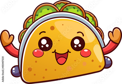 A cute and cheerful taco cartoon character, perfect for adding a touch of fun to your designs. This adorable illustration is ideal for food-related projects, children's books.