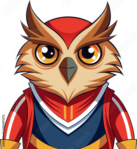 A cute cartoon owl with a determined expression, wearing a red and blue suit. This illustration is perfect for children's books, educational materials, or any project that needs a touch of whimsy. photo